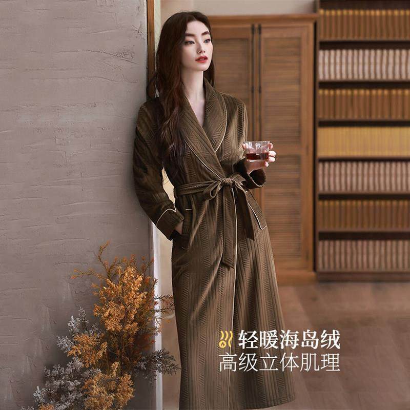 高档品牌睡袍女款睡衣秋冬款冬季海岛绒加绒加厚保暖长版浴袍浴衣