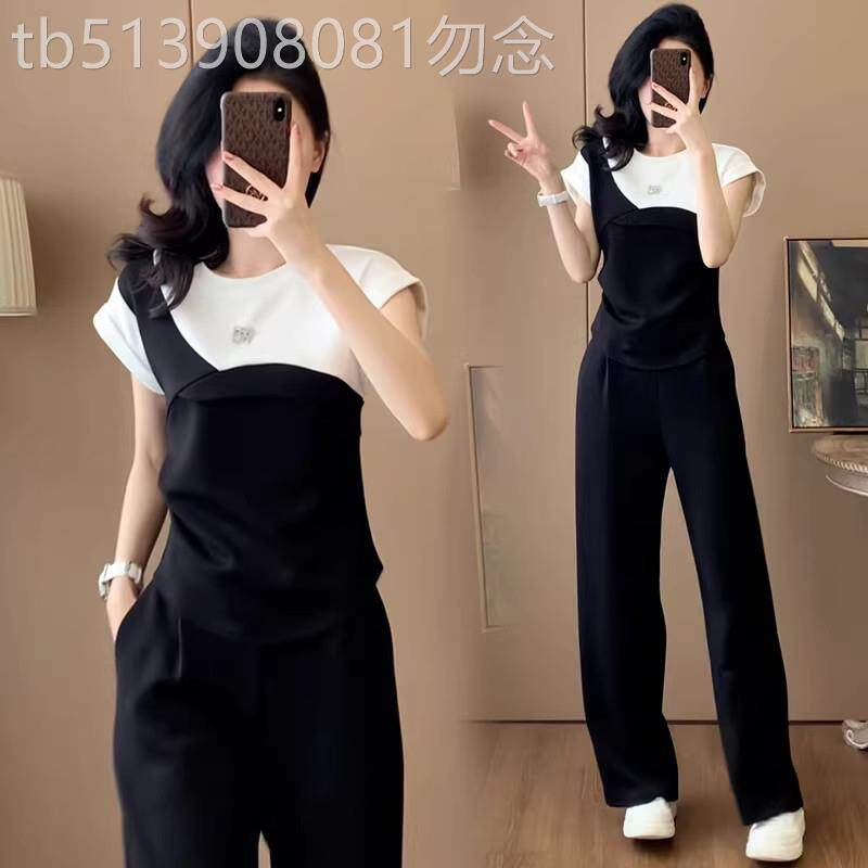 黑白拼色假两件短袖休闲运动套装女2026夏季显瘦减龄阔腿裤两件套