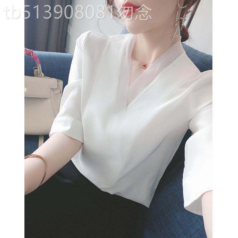 雪纺衫女短袖2026夏季新款韩版宽松显瘦V领洋派小衫白色半袖上衣