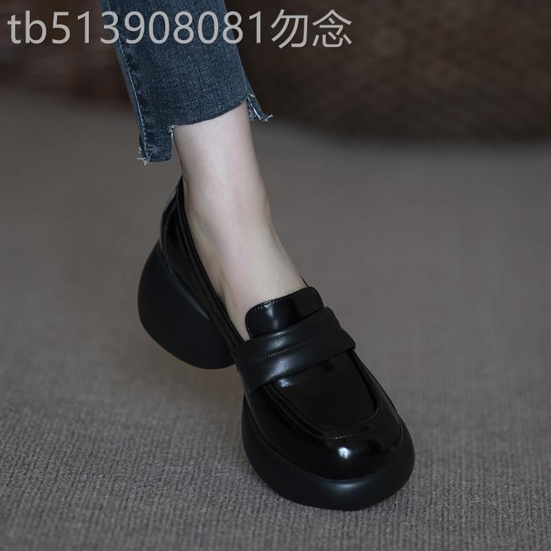 小个子松糕厚底包鞋女粗跟2026新款真皮防水台圆头深口高跟乐福鞋