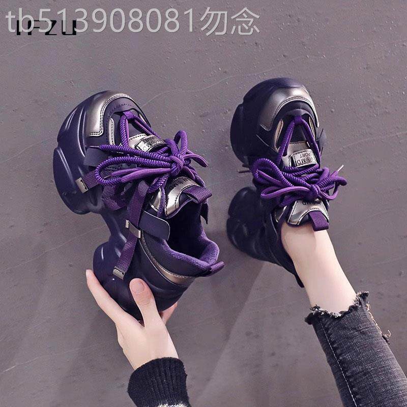 真皮老爹鞋女春秋季2025新款爆款加绒松糕厚底增高紫色休闲 运动