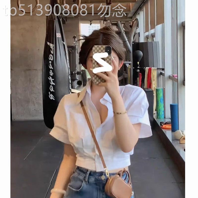 白色收腰短袖衬衫女设计感小众泡泡袖衬衫短款掐腰法式polo领上衣