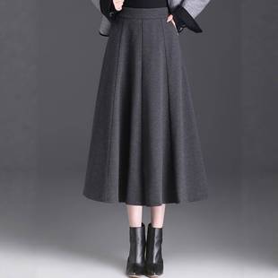 黑色毛呢半身裙2026女秋冬新款高腰中长款显瘦加厚灰色a字百褶裙