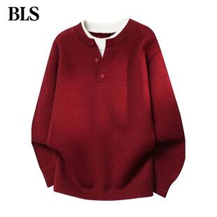 高端本命年红色毛衣男款秋冬季2025新款潮牌宽松休闲假两件针织衫