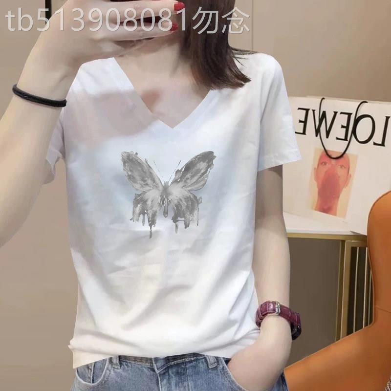 白色v领纯棉短袖t恤女夏季薄款2026新款大码胖mm正肩半袖体恤上衣