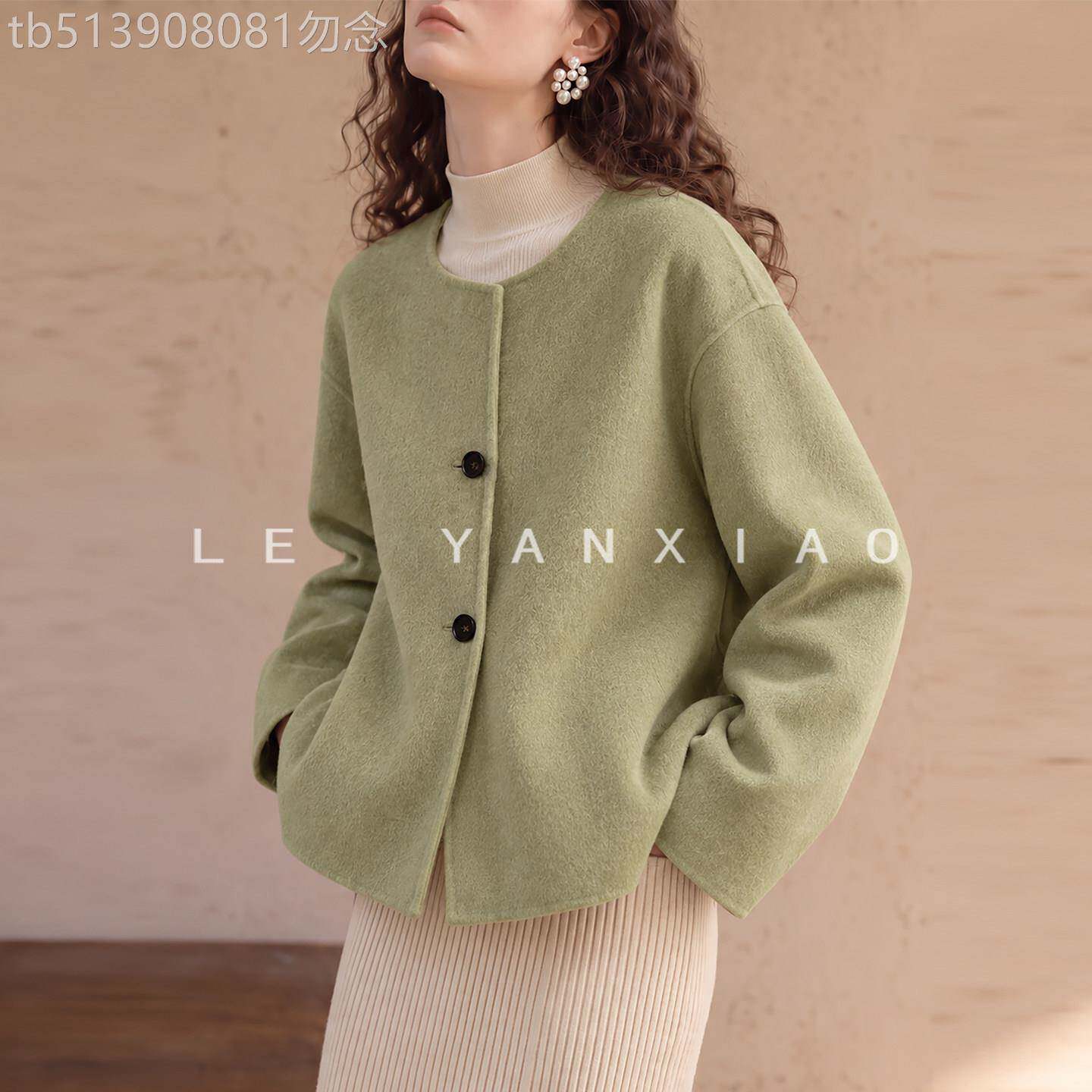绿色双面羊毛呢子大衣女2026冬新款高级感小个子短款廓形毛呢外套