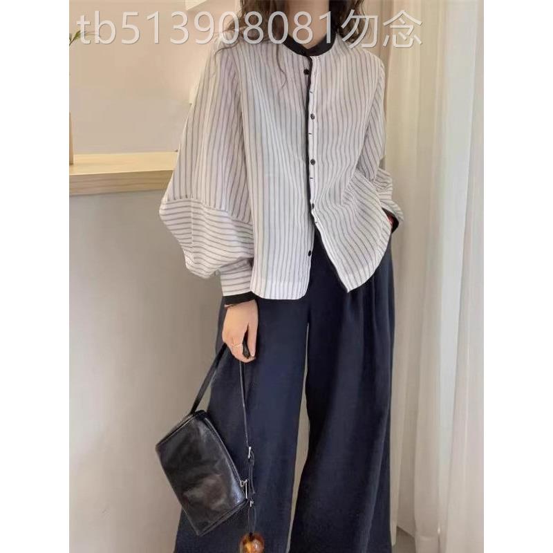 韩系撞色条纹圆领长袖衬衫女春秋新款大码胖mm遮肚子休闲衬衣上衣