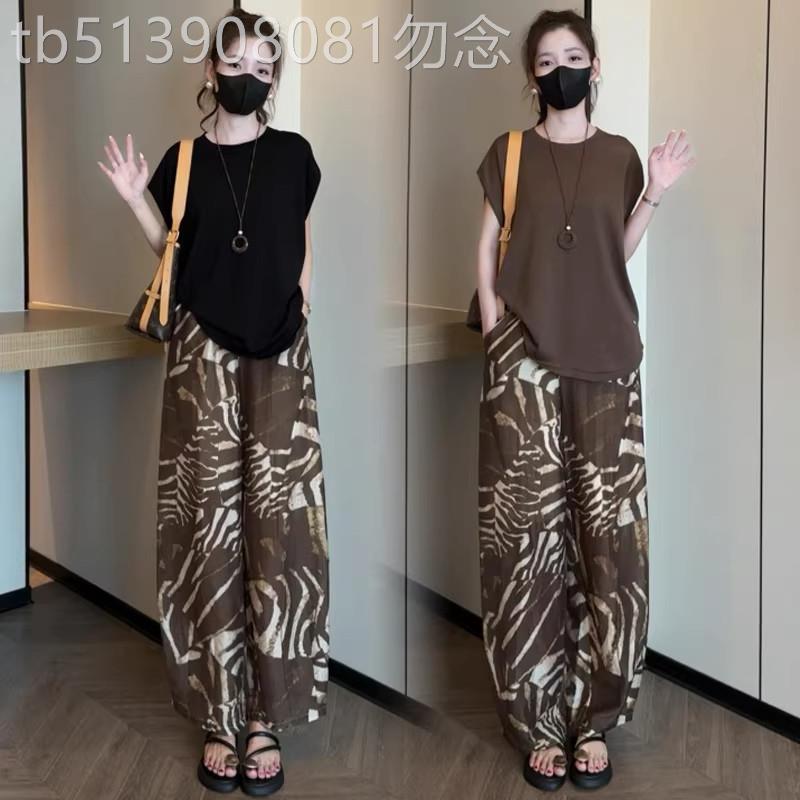 香港代购时尚套装女2026夏新款显瘦短袖上衣印花阔腿裤休闲两件套