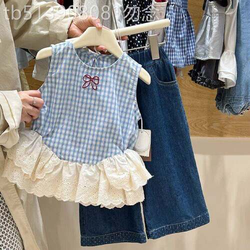 法国BADNUT女童夏季可爱格子衬衫套装新款女宝宝甜美拼接无袖背心