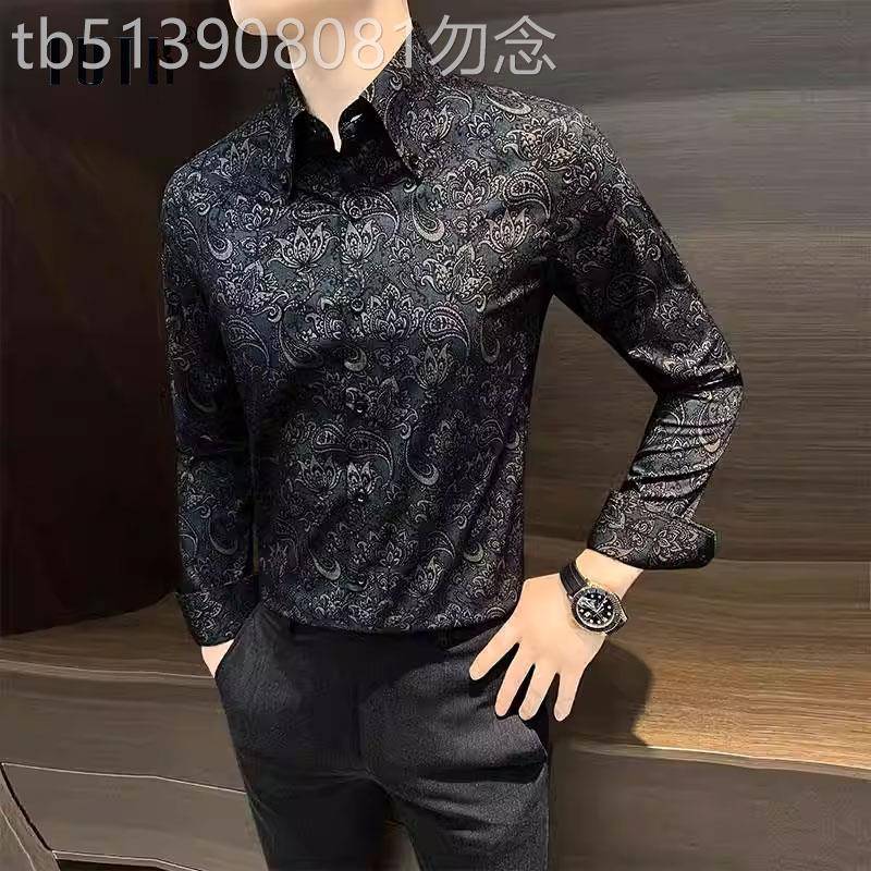 法式大领花衬衫男士2025新款春秋季高级感痞帅复古碎花长袖衬衣服