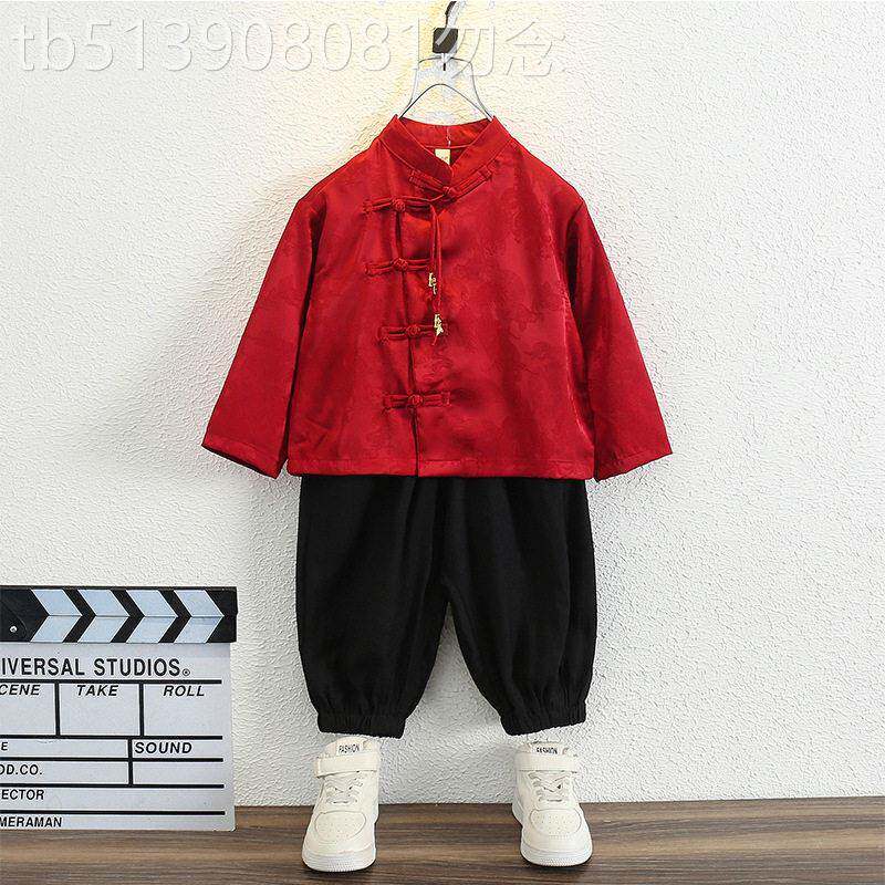 韩国洋气男女童汉服套装儿童春秋新中式周岁礼服宝宝红色演出服酷