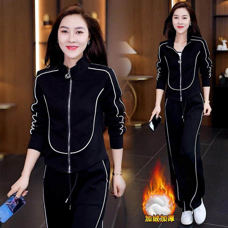 秋冬季加绒加厚运动套装女减龄显瘦洋气妈妈卫衣立领休闲服两件套