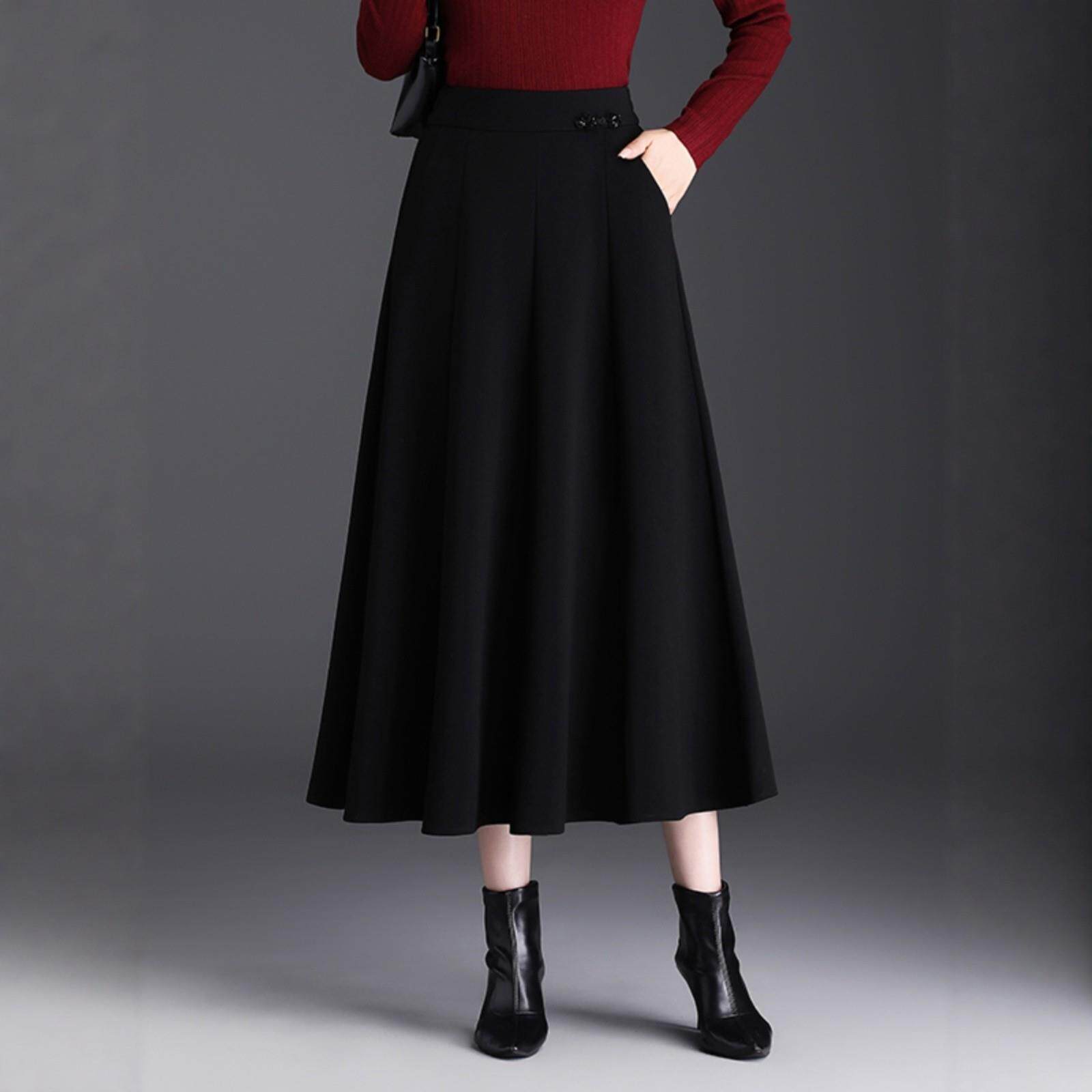 八片式羊毛呢半身长裙中长款大摆a字裙2026女秋冬款高腰黑色半裙