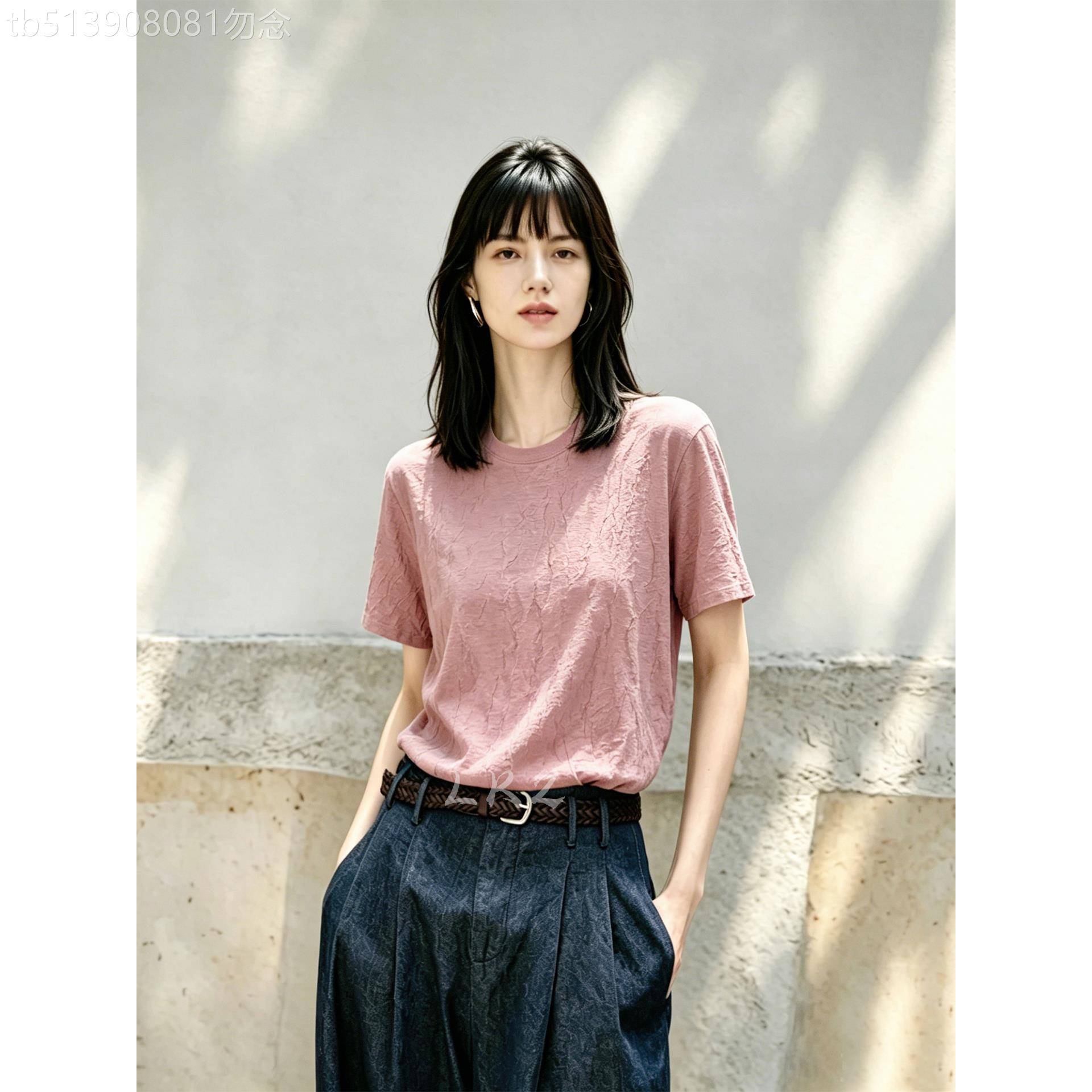高级感肌理感圆领设计豆沙粉色T恤女夏季新款休闲风修身短袖上衣