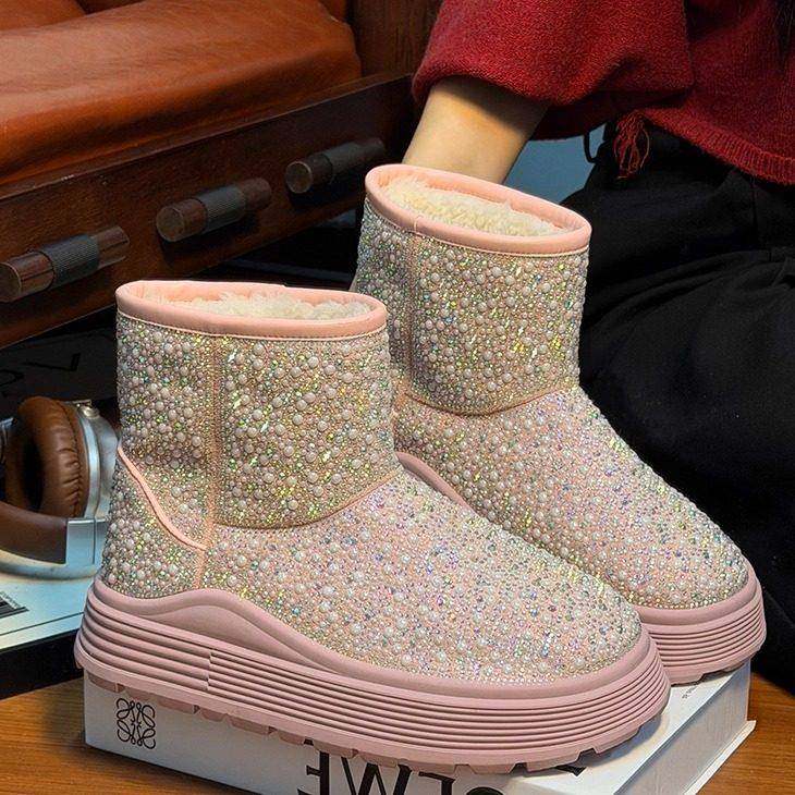 珍珠水钻松糕靴~|pmr|厚底时尚雪地靴女冬款加绒保暖棉靴增高短靴