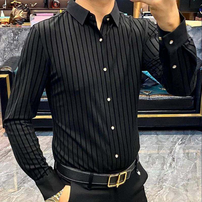 春秋新款男士商务时尚休闲长袖衬衫精品植绒印花修身显瘦翻领上衣