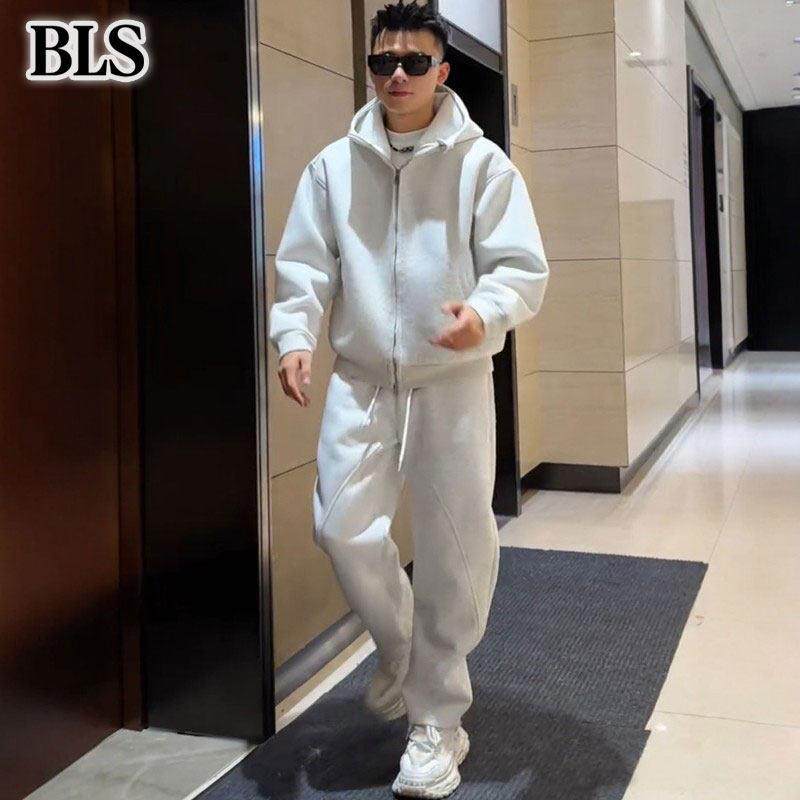 高端加绒加厚休闲运动套装男款秋冬2025新款宽松连帽外套直筒卫裤