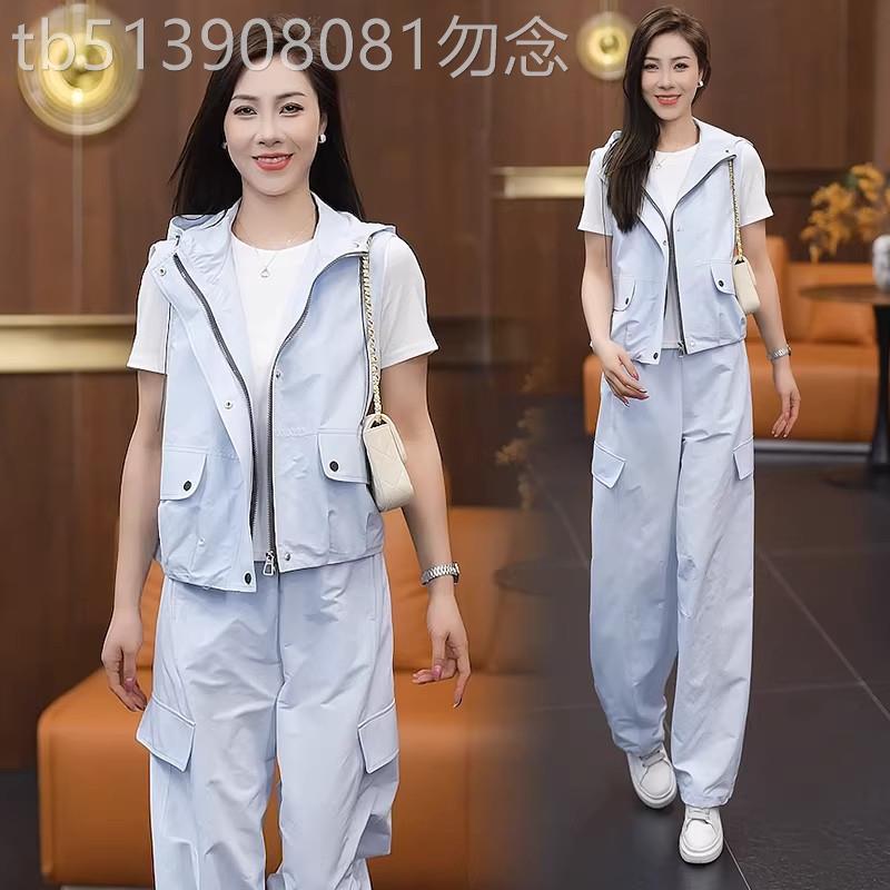 香港代购时尚休闲套装女夏新款连帽马甲短袖T恤工装阔腿裤三件套