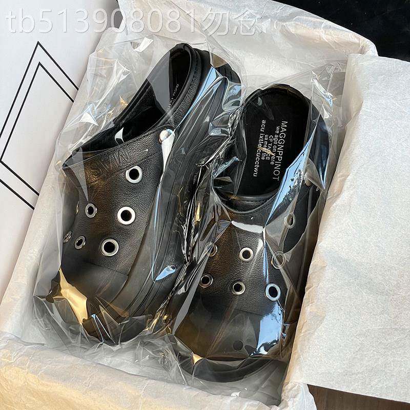 米奇大头洞洞鞋厚底增高软皮踩屎感一脚蹬凉鞋做旧休闲沙滩半拖鞋
