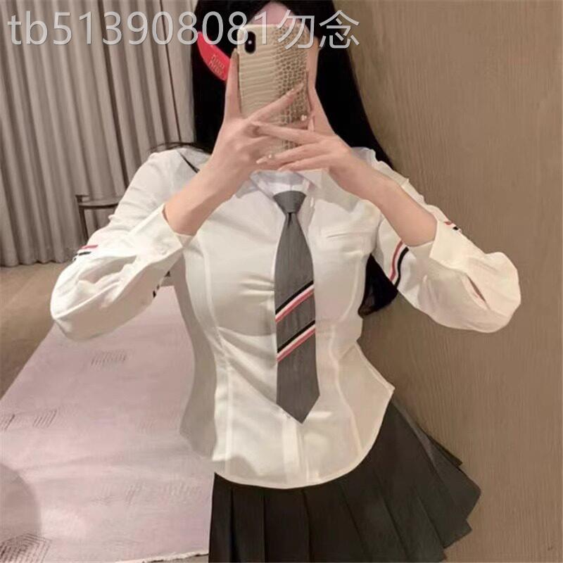 欧洲站tb织带短款领带长袖衬衫女2025春秋装新款学院风修身打底衫图片