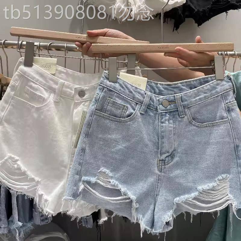 浅蓝色高腰破洞牛仔短裤女夏季欧货宽松毛边热裤韩版显瘦薄款裤子
