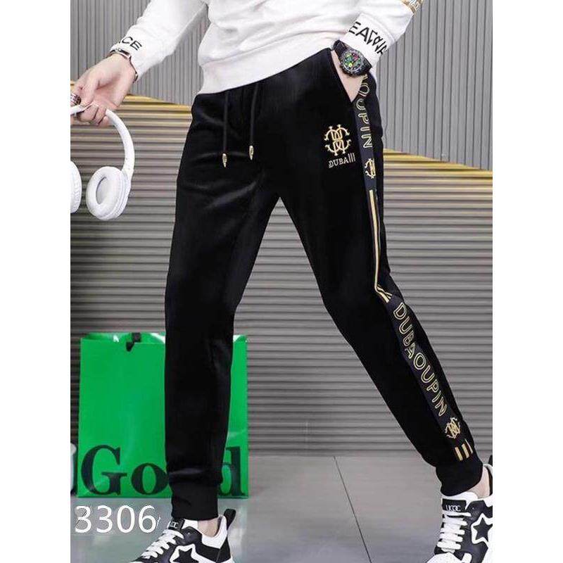 高端休闲裤男加绒加厚潮牌金丝绒小脚修身束脚卫裤男士保暖长裤帅