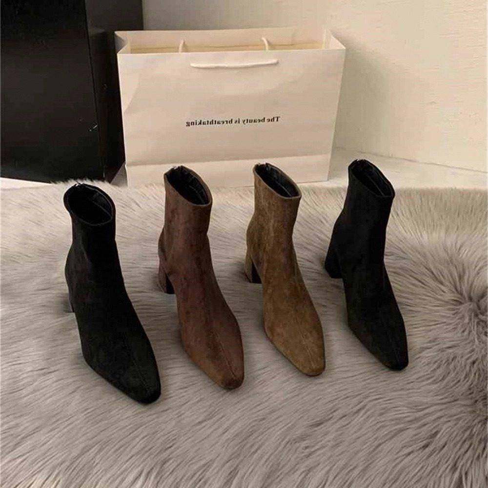 香港绒面黑色瘦瘦靴女秋冬季2025新款气质复古高跟弹力短靴及踝靴