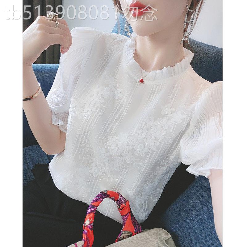 白色雪纺衫女2026新款夏季设计感小众泡泡袖小衫短袖t恤蕾丝上衣