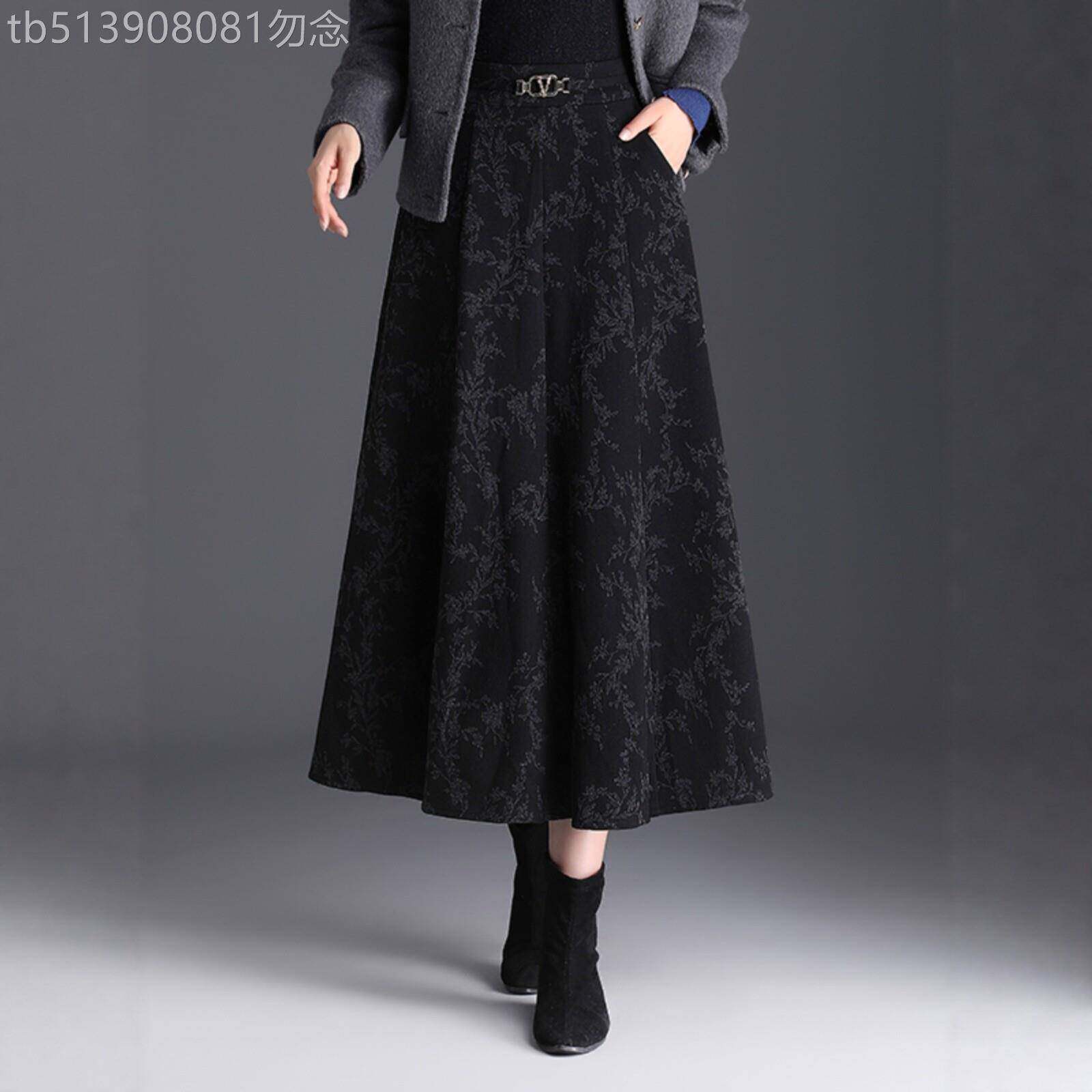 羊毛呢半身裙女春秋印花垂感大摆裙2026新款显瘦中长款高腰a字裙