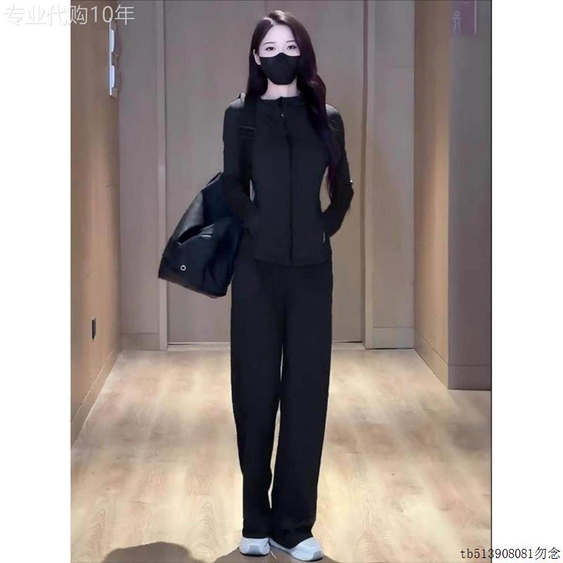 黑色休闲运动套装女健身瑜伽跑步速干防晒外套长裤秋装搭配一整套