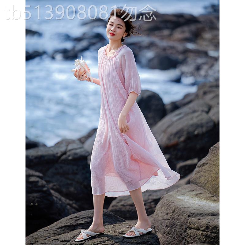 法式花边圆领雪纺裙女2026夏季新款轻薄短袖腰带中长版洋装