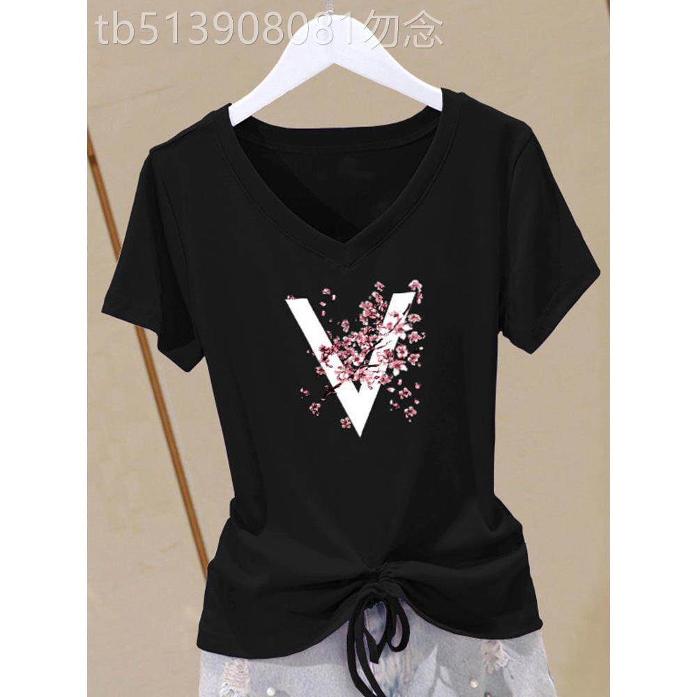 【纯棉】妈妈装夏款鸡心领短袖t恤女v领黑色显瘦紫色花上衣