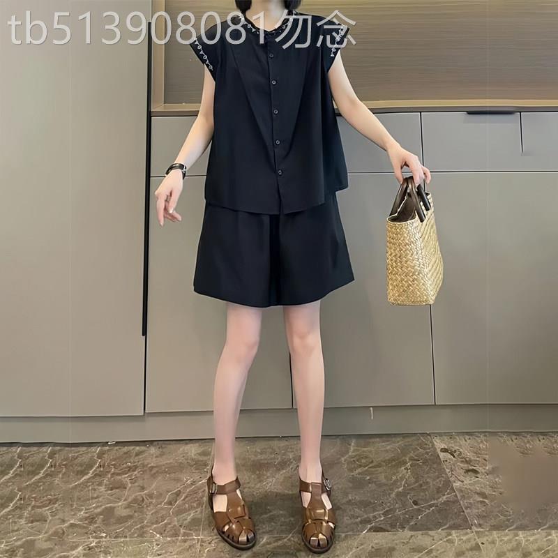 潮牌法式时尚新款套装2026夏季大码胖MM刺绣小飞袖衬衫短裤女套装