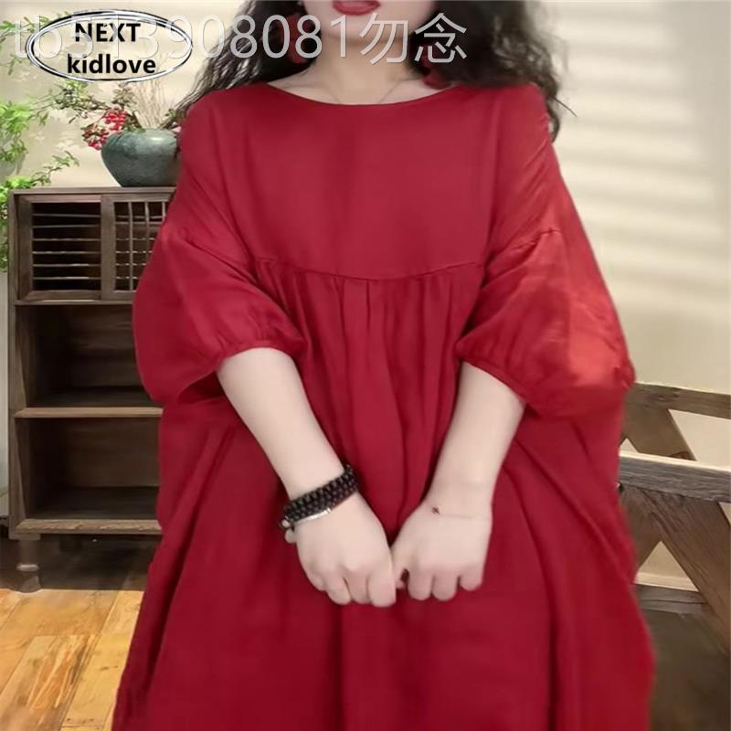 香港微胖mm灯笼袖红色苎麻连衣裙设计感复古宽松棉麻过膝长裙夏款
