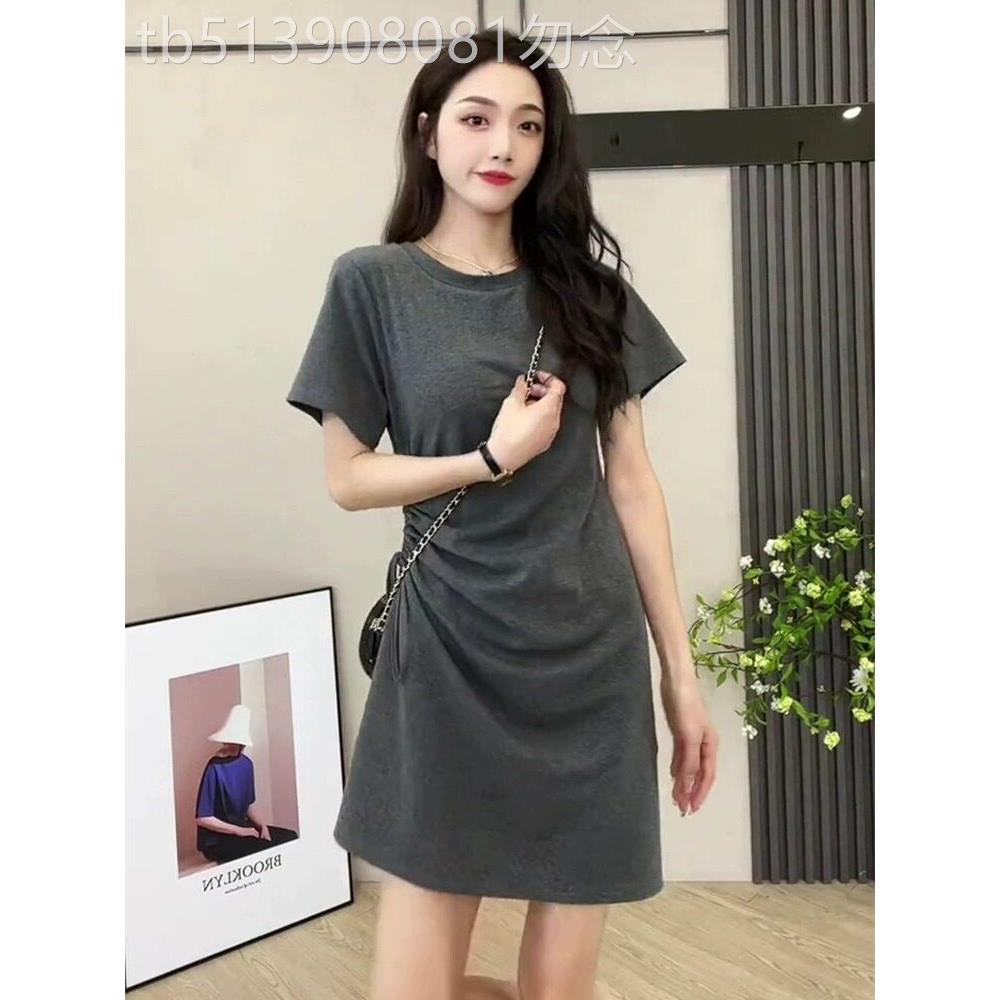 灰色休闲抽绳短袖连衣裙夏季女2025新款显瘦减龄中长款裙子女夏天