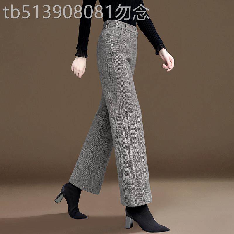 加绒条纹阔腿裤女秋冬季毛呢高腰休闲裤设计感小众加厚妈妈直筒裤