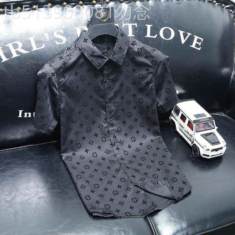 高级欧货短袖衬衫男士轻奢潮牌春夏季衬衫男大尺码商务修身黑色上