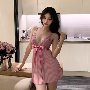 性感蕾丝百褶吊带睡裙带胸垫女纯欲内衣蝴蝶结精致睡衣家居服夜店