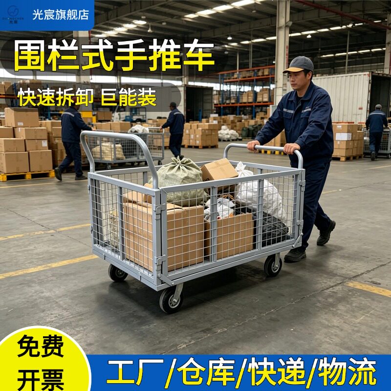 光宸围栏手推车拉货搬运拣货笼车小推车摆摊车物流快递网格周转车