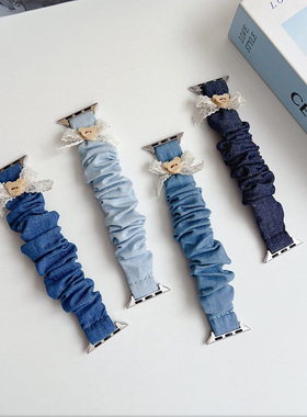 适用Apple Watch10se98牛仔大肠弹力发圈表带苹果手表567蝴蝶结女