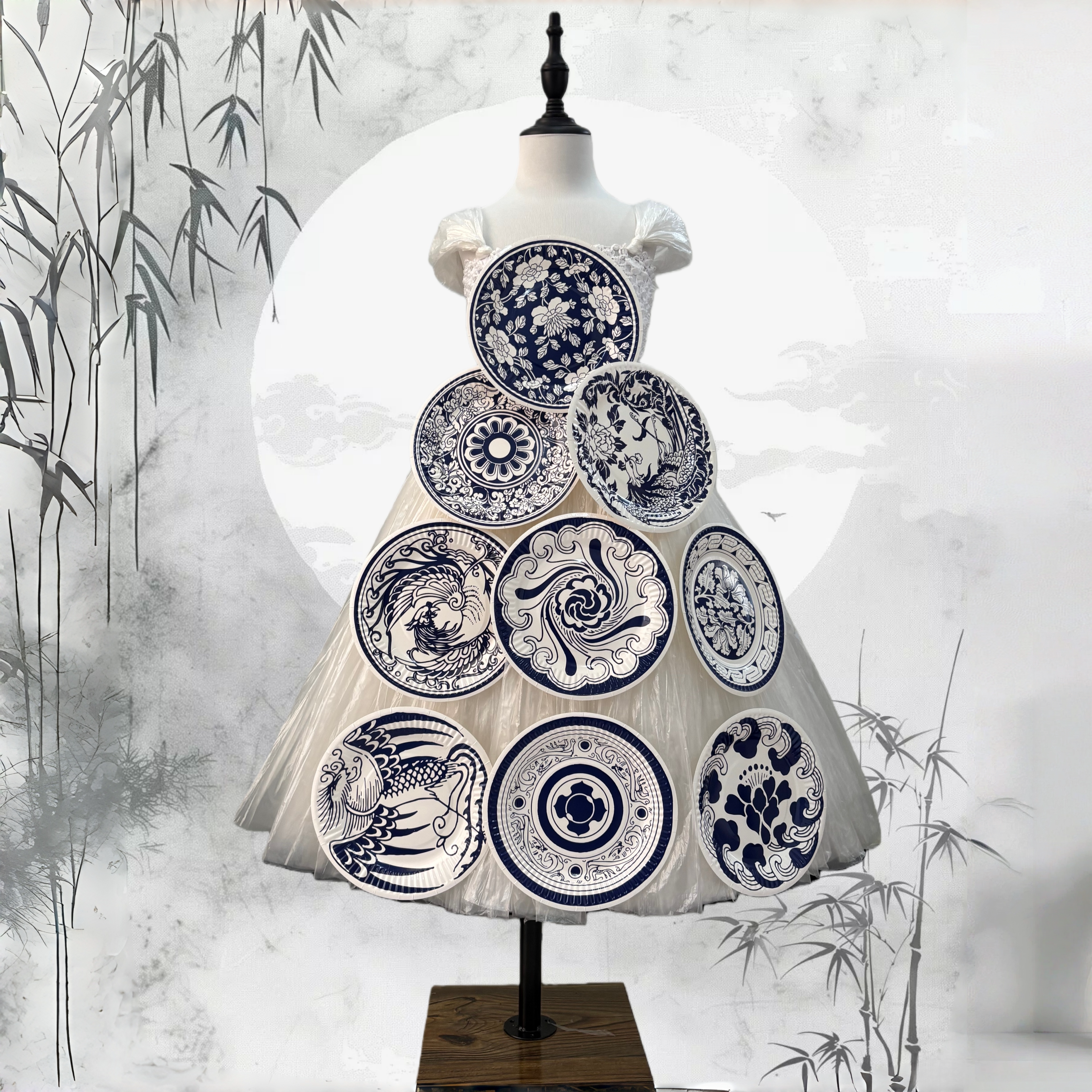 环保服装儿童时装秀青花瓷主题女孩手工塑料袋亲子走秀环保衣服