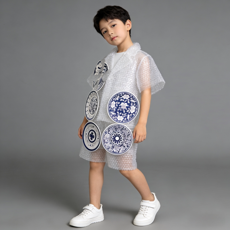 男童环保衣服儿童时装秀手工DIY青花瓷中国风幼儿园走秀环保服装