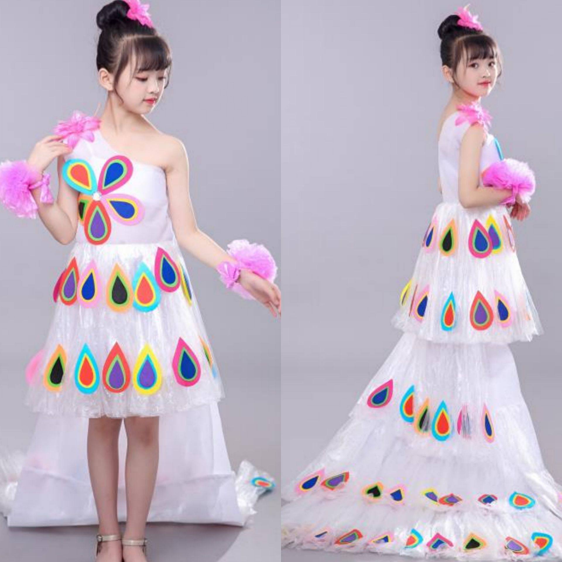 环保儿童时装秀服装女孩diy手工材料孔雀亲子幼儿园自创走秀拖尾