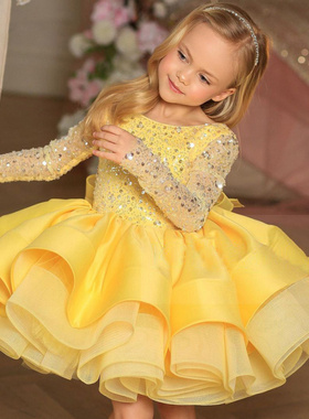 2025拍照裙白色连衣裙长袖公主女童生日演出服蕾丝蓬蓬裙主持礼服