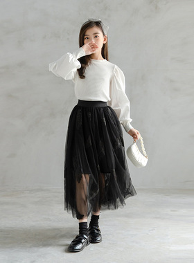 2024甜美刺绣仙女半身裙白色春秋季超仙羽毛女公主宝宝网纱女童长