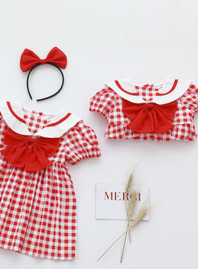 2026夏季女童裙子姐妹装红色连衣裙婴儿短袖包屁衣宝宝韩货童装公