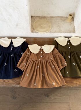 2026ins韩版女童灯芯绒花边蝴蝶结绣花翻领连衣裙中小童百搭休闲