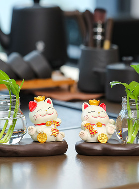 创意客厅办公桌摆件可爱招财猫玻璃花器家居客厅桌面花瓶小饰品