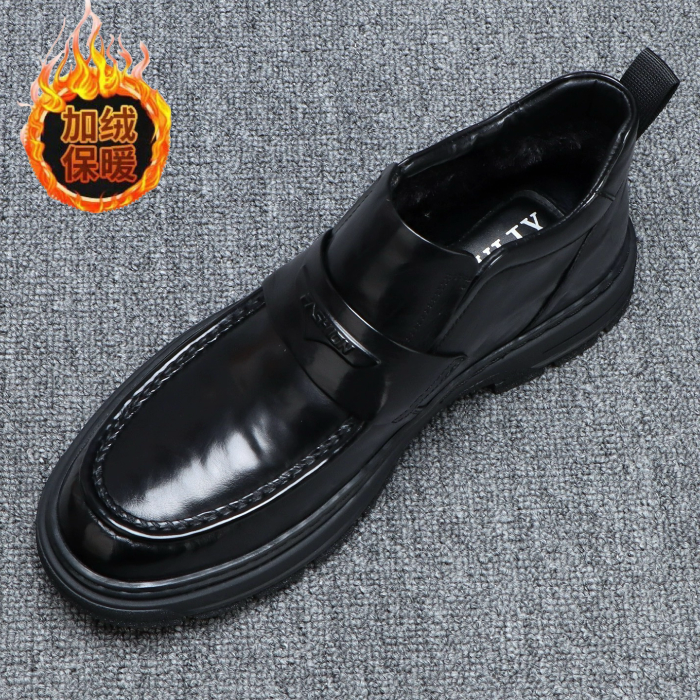 冬季加绒高帮休闲皮鞋男款头层牛皮保暖商务短靴一脚蹬厚底马丁靴