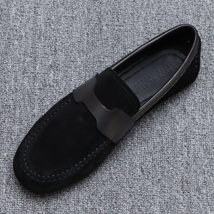 黑色反绒皮乐福鞋男英伦百搭一脚蹬豆豆鞋舒适软底透气休闲皮鞋男